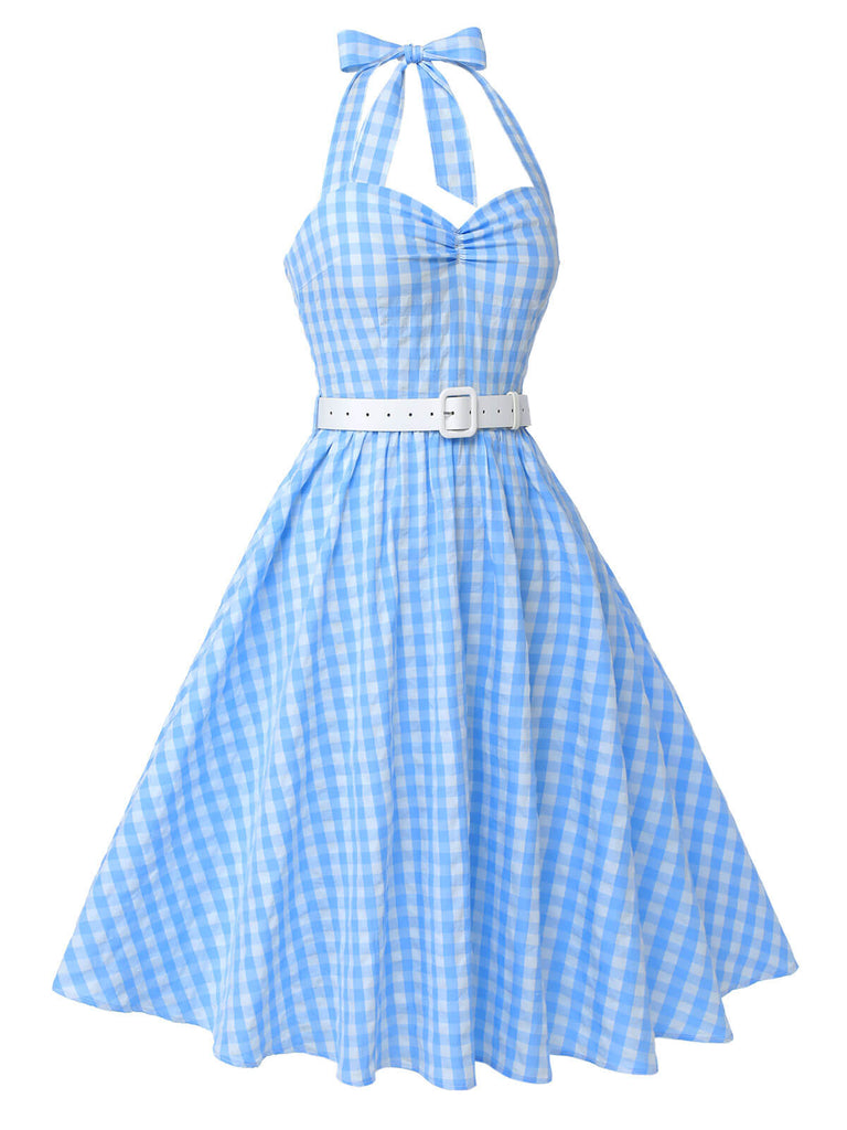 Light Blue 1950s Plaid Halter Swing Dress