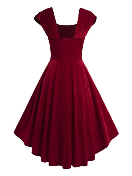 Wine Red 1950s Heart Button Solid Dress Retro Stage