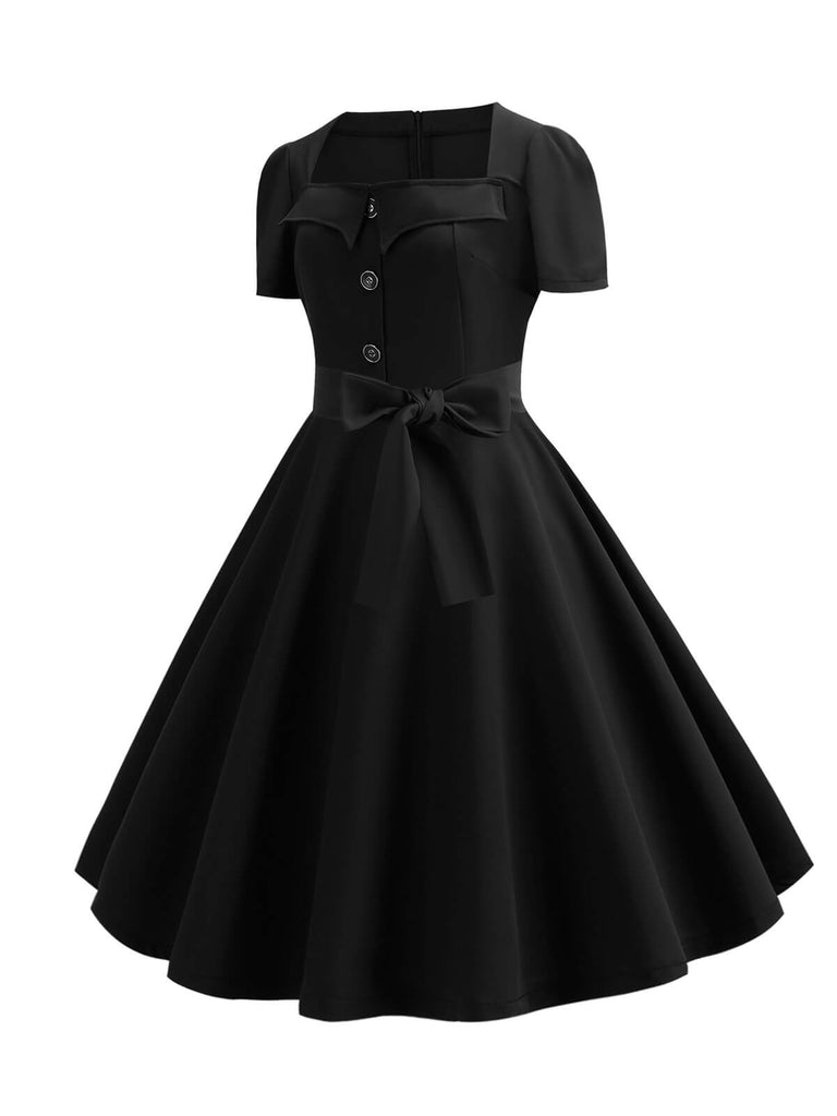 1950s Square Neck Short Sleeves Dress With Accessories Set
