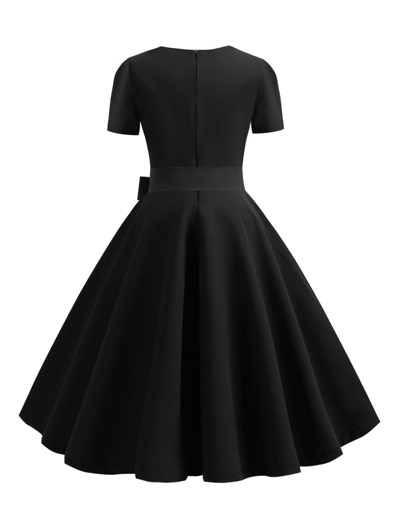 1950s Square Neck Short Sleeves Dress With Accessories Set