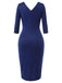 Blue 1940s Solid V-Neck Dress with Belt
