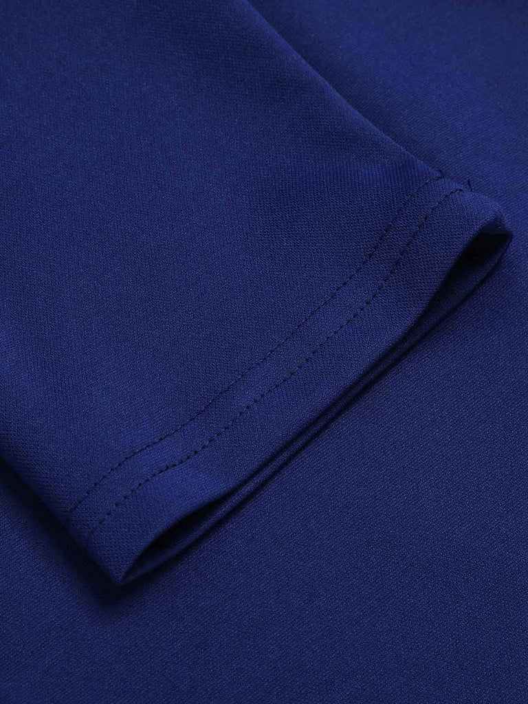 Blue 1940s Solid V-Neck Dress with Belt