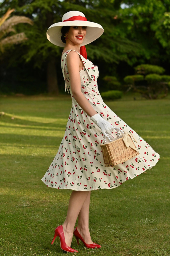 White 1950s Cherry Bow Sweetheart Neck Dress