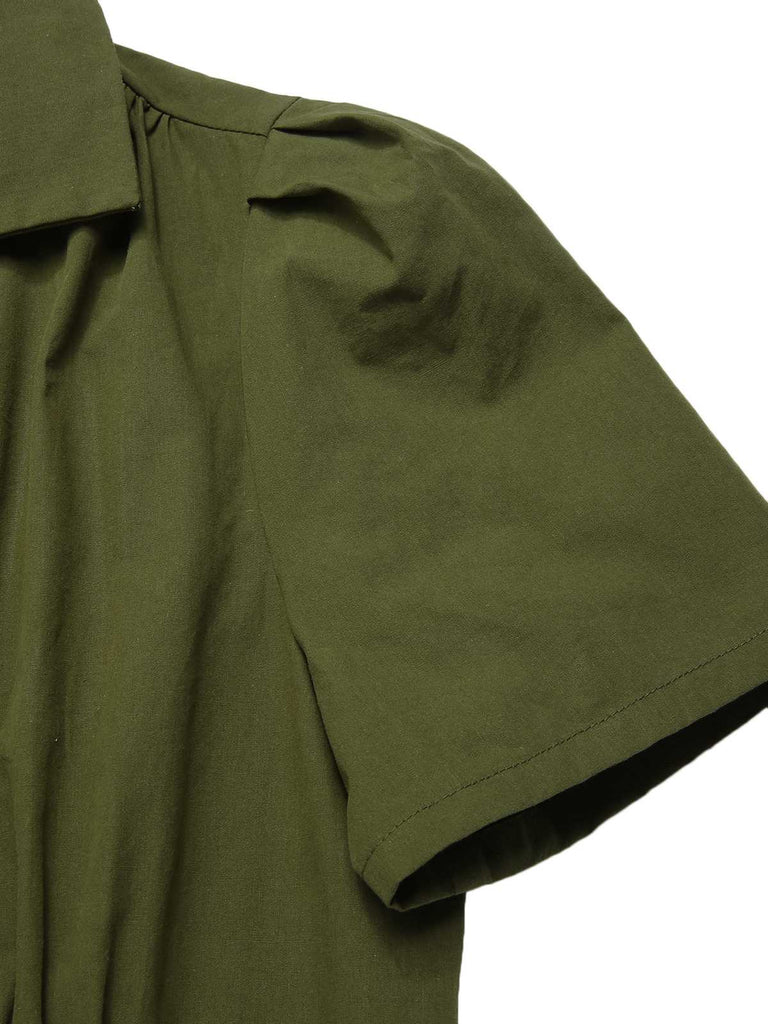 Green 1940s Lapel Buttoned Solid Dress