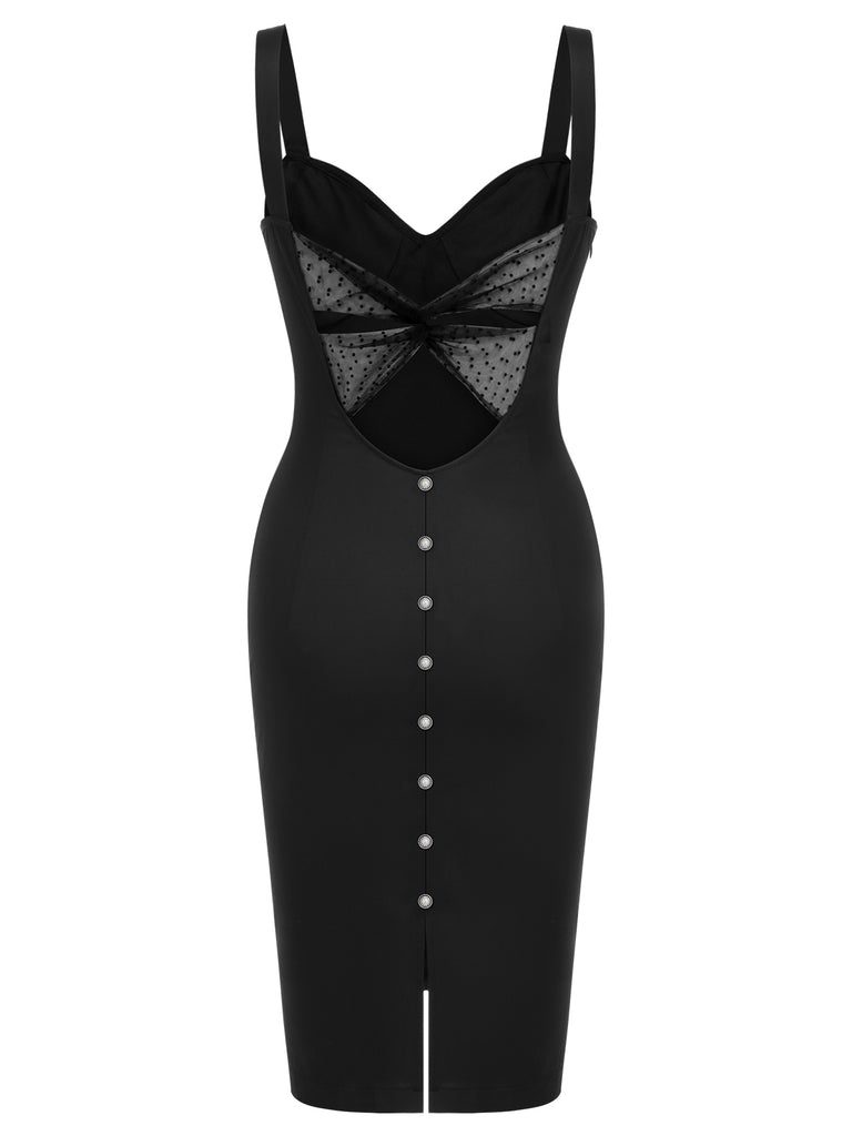 Black 1960s Solid Pearl Buttons Suspender Dress