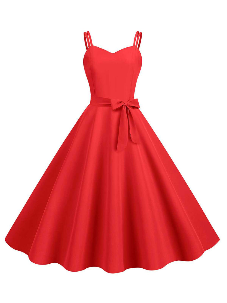 1950s Spaghetti Strap Bow Decor Solid Dress