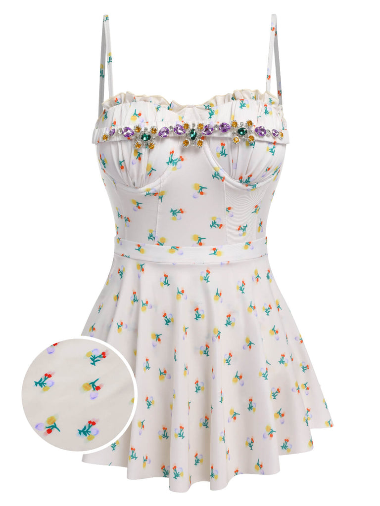 2PCS Beige 1950s Floral One-Piece Swimsuit & Skirt