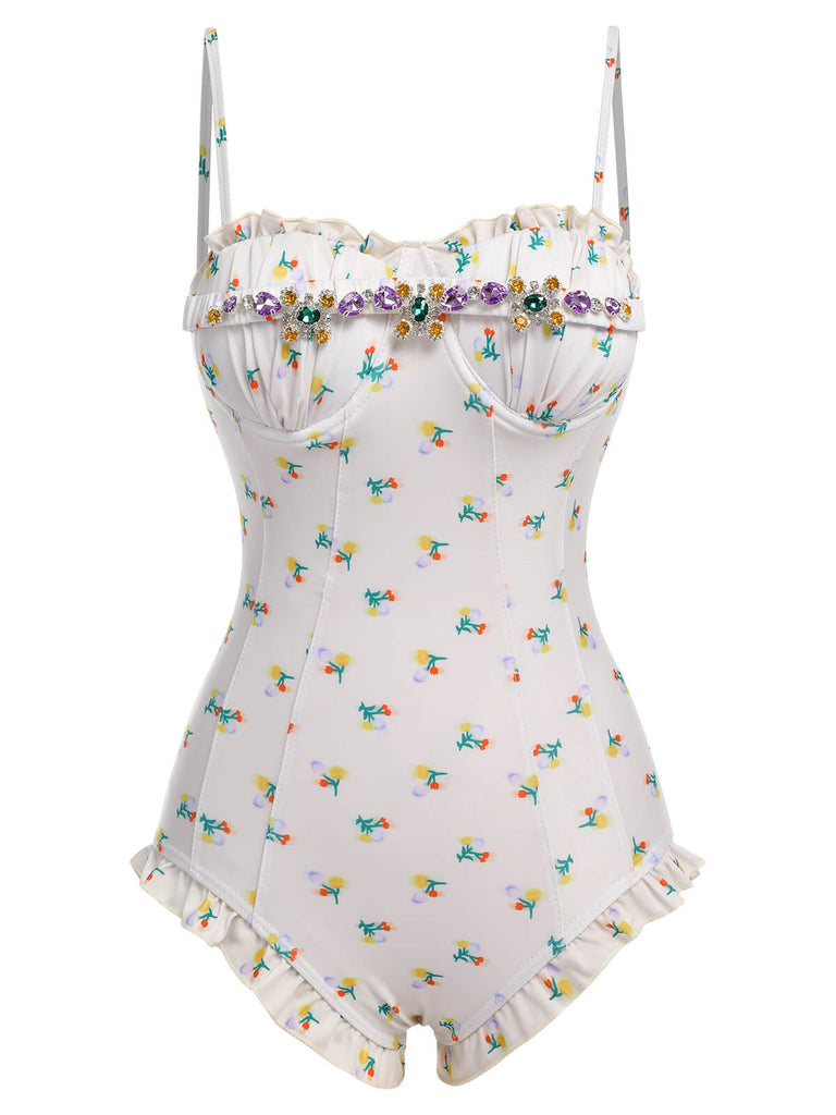 2PCS Beige 1950s Floral One-Piece Swimsuit & Skirt