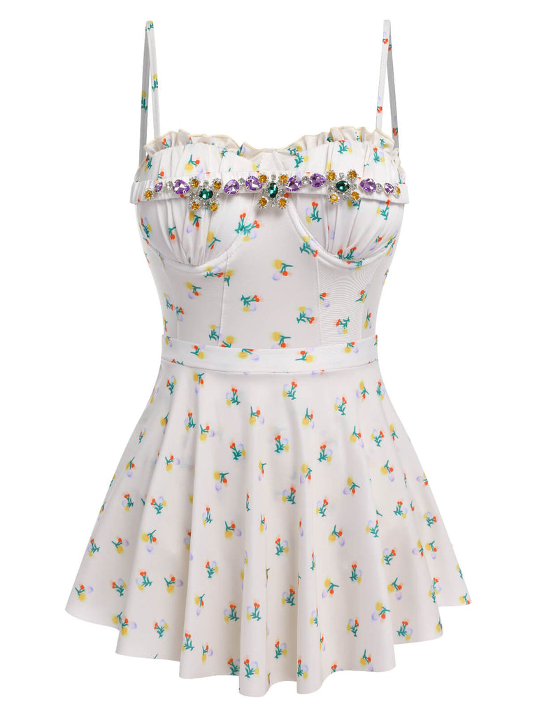 2PCS Beige 1950s Floral One-Piece Swimsuit & Skirt