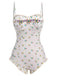 2PCS Beige 1950s Floral One-Piece Swimsuit & Skirt