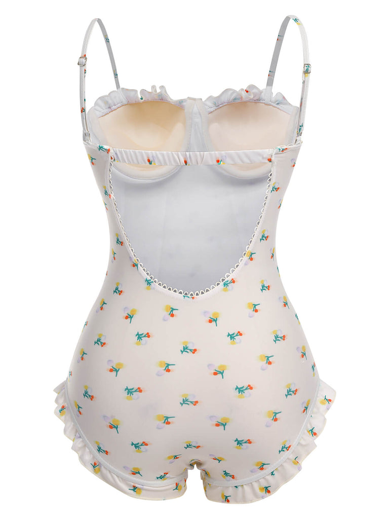 2PCS Beige 1950s Floral One-Piece Swimsuit & Skirt