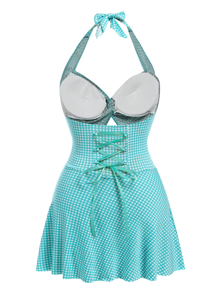 Light Green 1930s Plaid Halter One-Piece Swimsuit