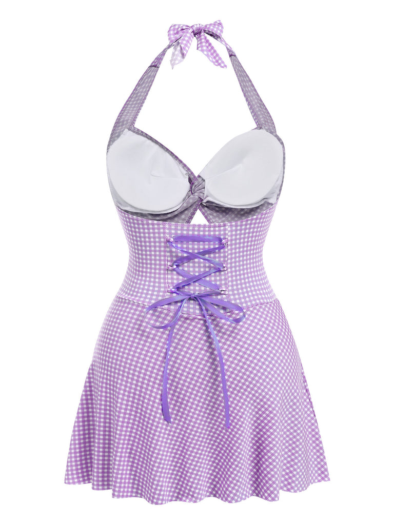 Light Green 1930s Plaid Halter One-Piece Swimsuit
