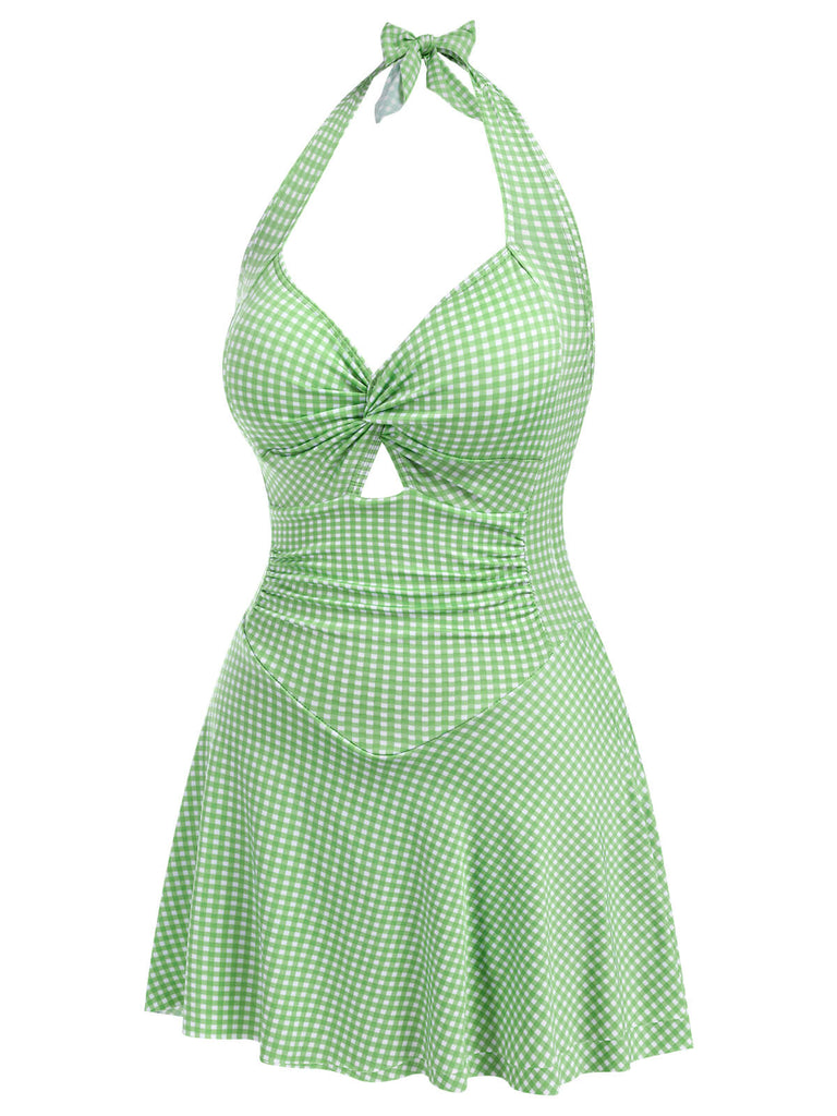 Light Green 1930s Plaid Halter One-Piece Swimsuit