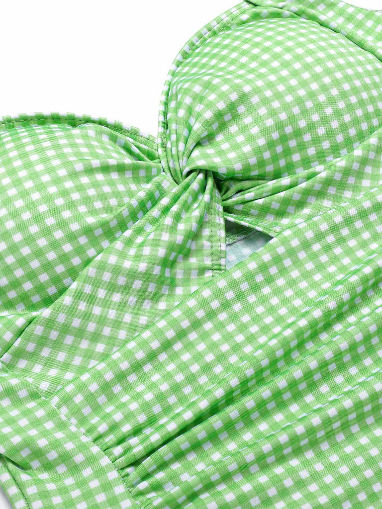 Light Green 1930s Plaid Halter One-Piece Swimsuit