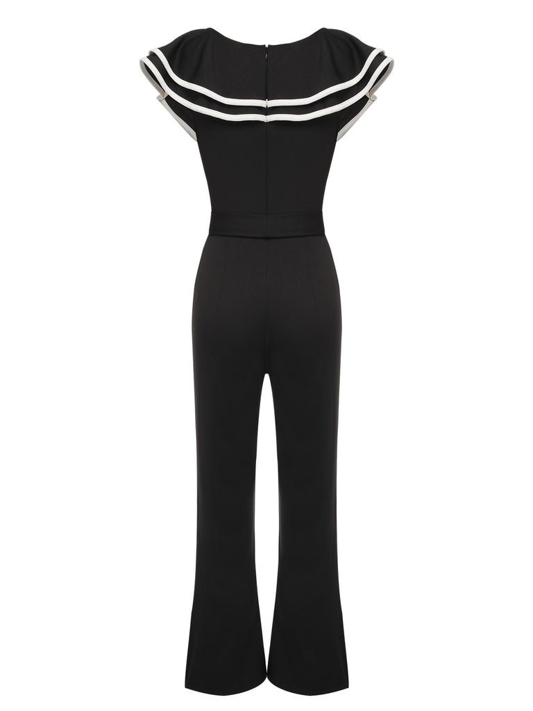 Black 1930s Ruffle Lapel Bootcut Jumpsuit