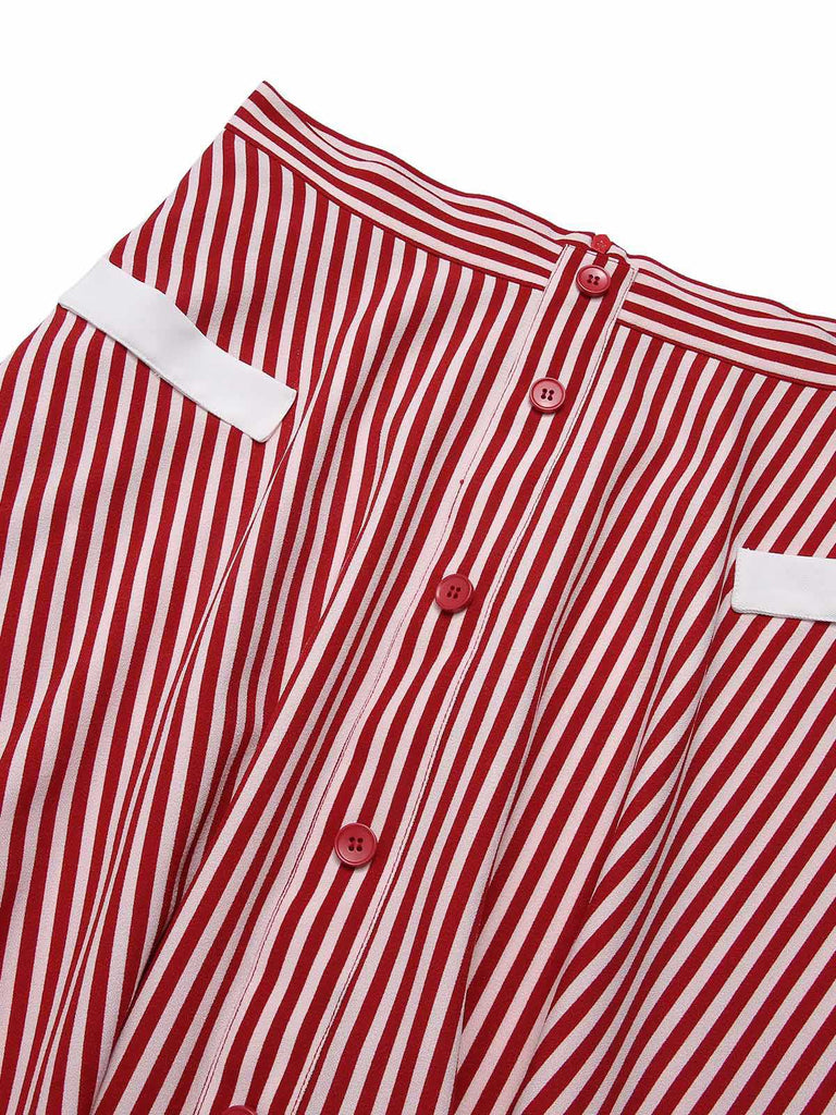 2PCS Red 1940s Lapel Top & Stripes Skirt