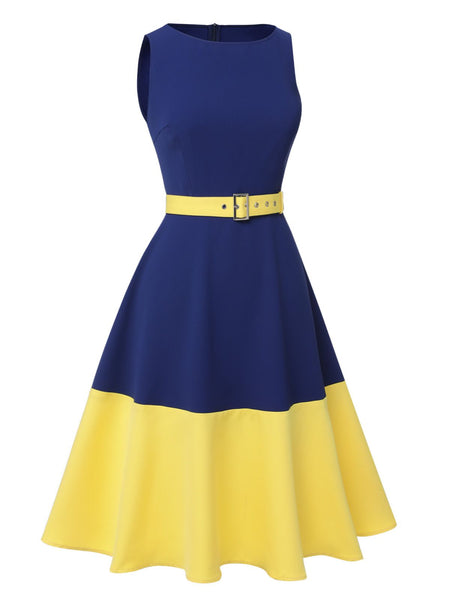 Dark Blue Yellow 1950s Solid Boat Neck Dress Retro Stage