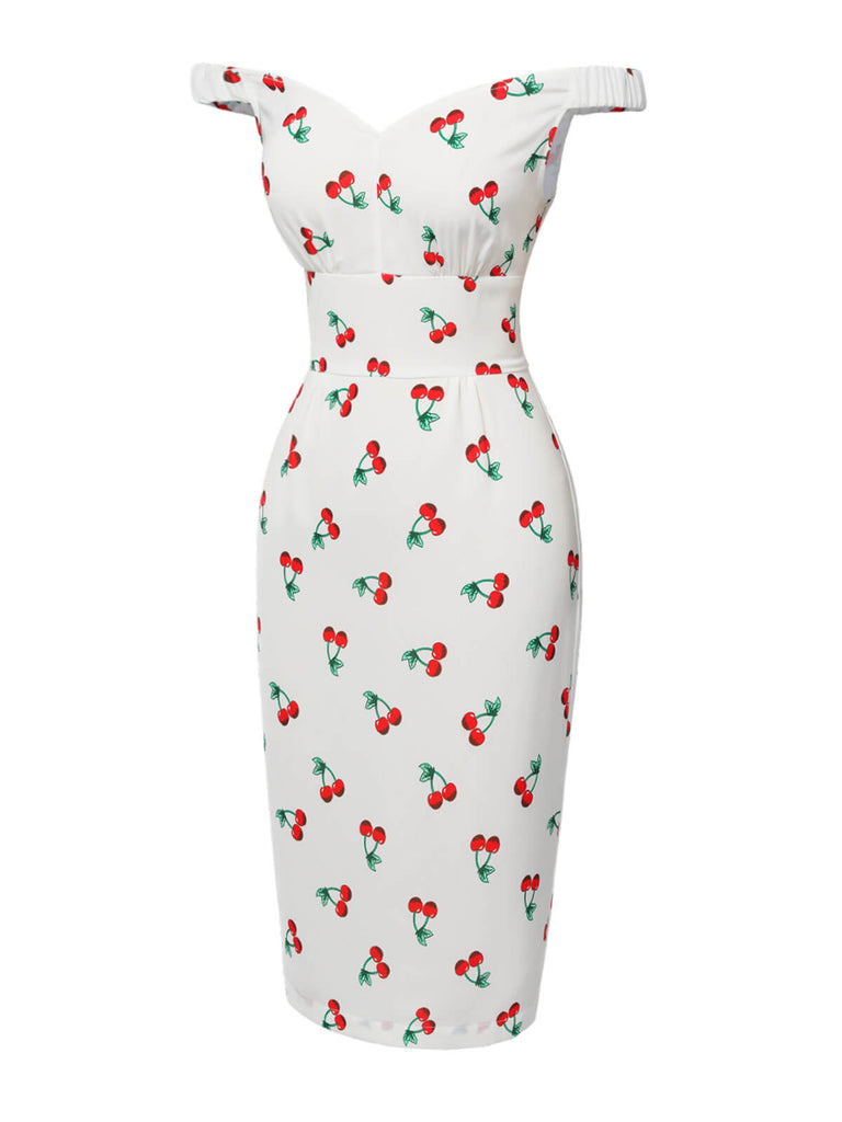 White 1960s Cherry Off-Shoulder Pencil Dress