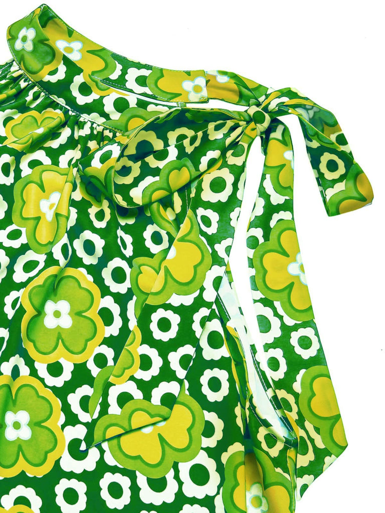 1960s Tie Neck Floral Sleeveless Top