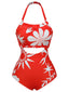 Red 1930s Halter Floral One-Piece Swimsuit