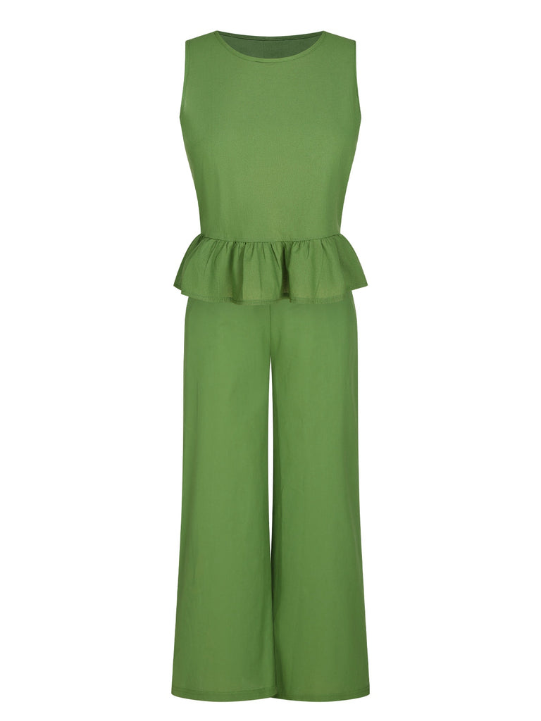 2PCS Green 1960s Ruffled Hem Top & Cropped Pants