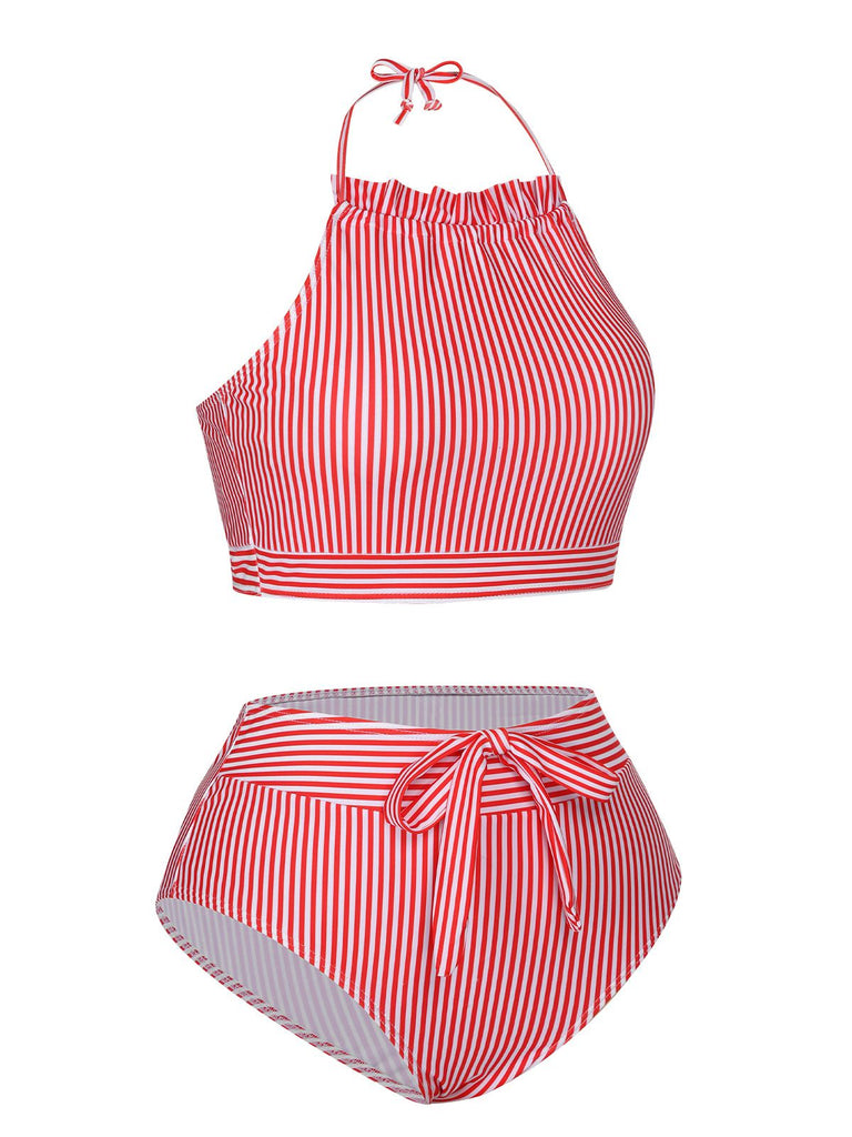 Red & White 1930s Striped Knot Halter Swimsuit