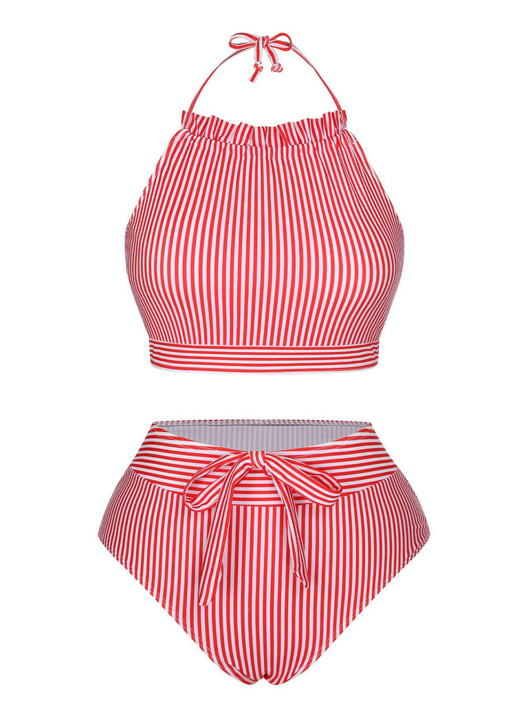 Red & White 1930s Striped Knot Halter Swimsuit