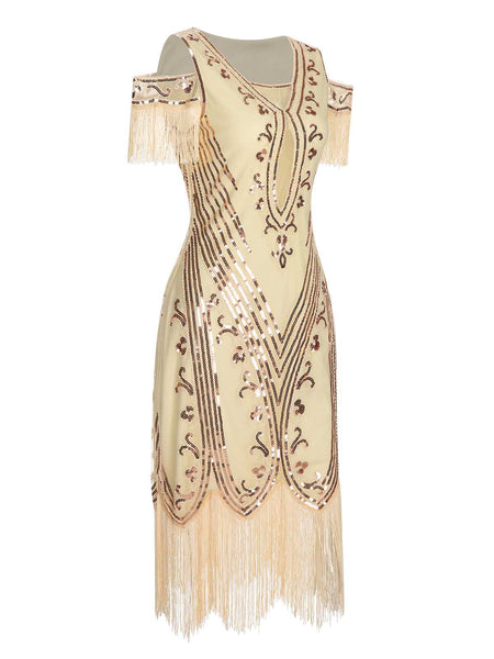 1920s Cold Shoulder Embroidered Fringe Sequins Dress Retro Stage