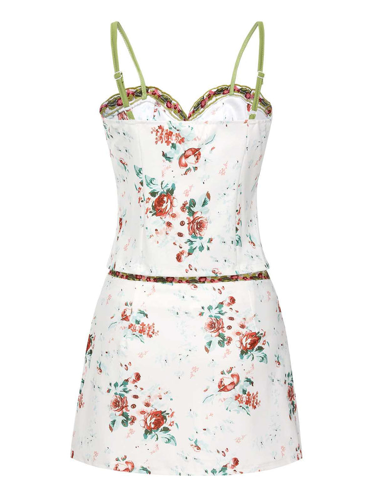 2PCS 1960s Floral Strap Slit Vest & Lace Skirt