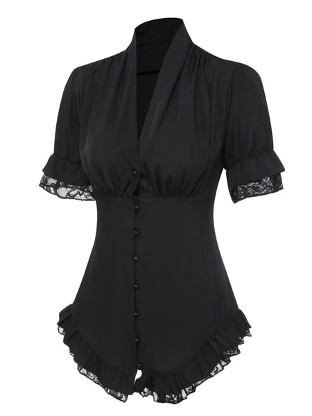 Black 1930s V-Neck Lace Victorian Blouse | Retro Stage
