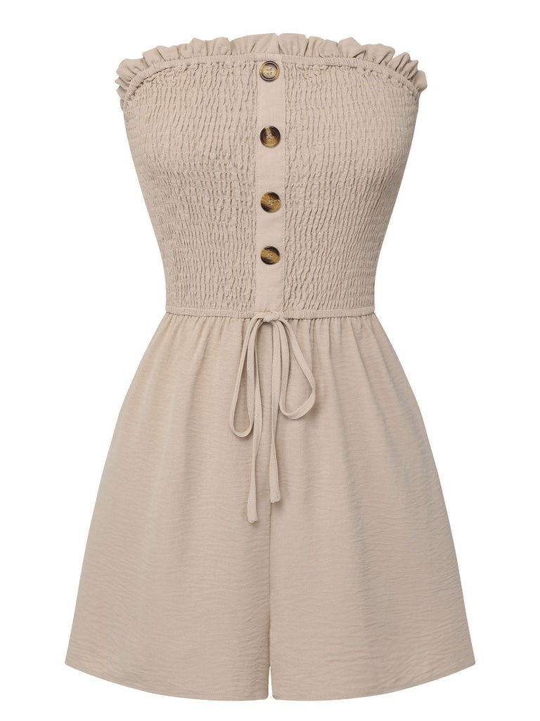 Beige 1950s Solid Smocking Strapless Romper