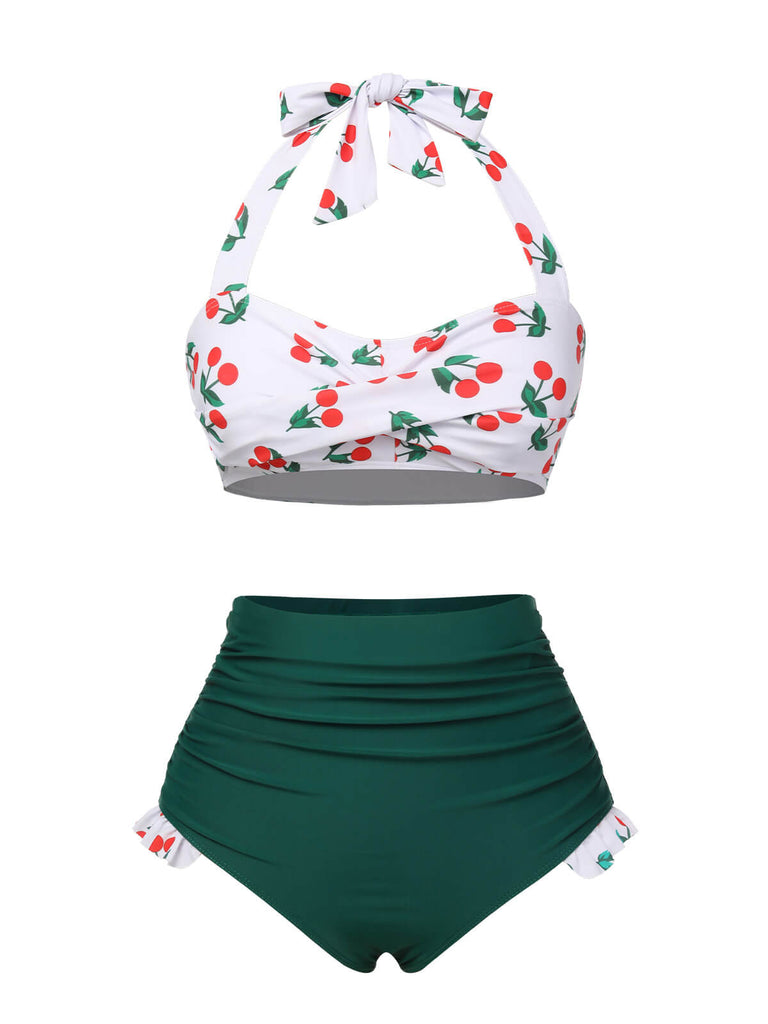 [Pre-Sale] Green & White 1960s Cherry Halter Swimsuit
