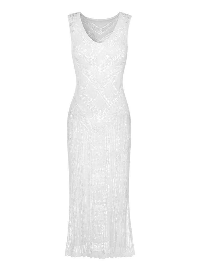 White 1960s V-Neck Knitted Hollow Cover-Up