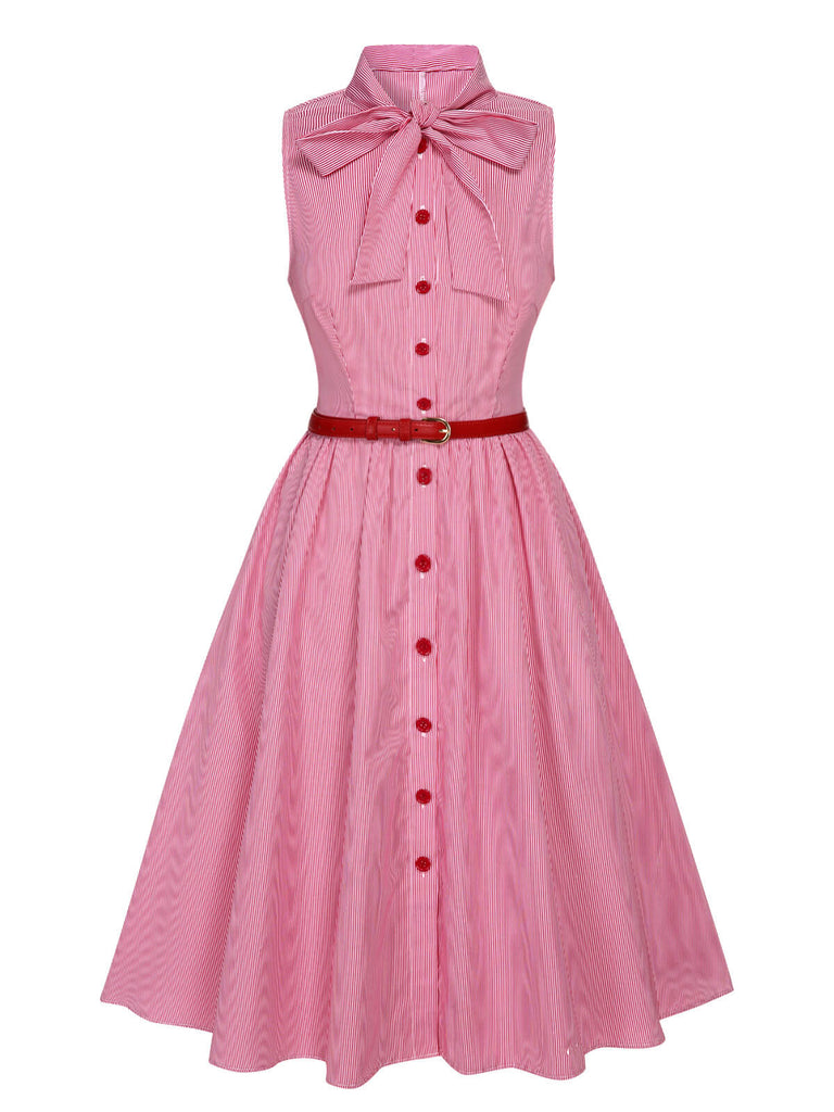 Pink 1950s Pinstripes Tie Collar Dress