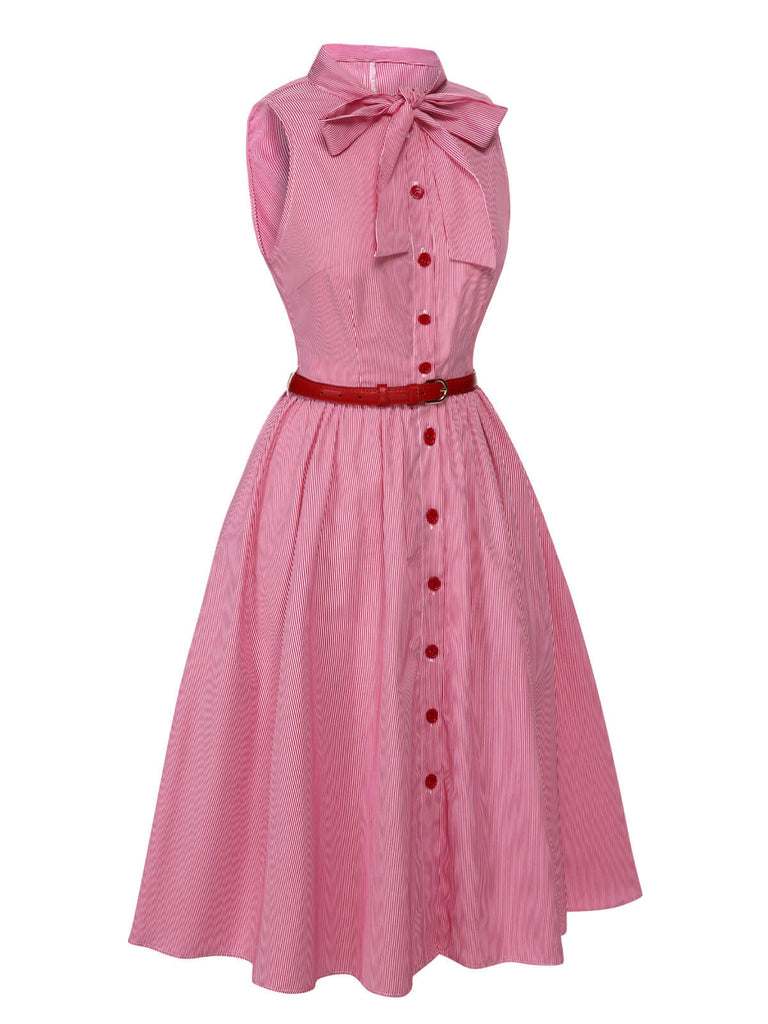 Pink 1950s Pinstripes Tie Collar Dress