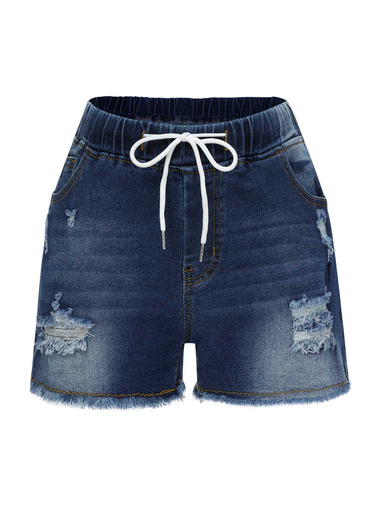 Blue 1930s Ripped Denim Shorts