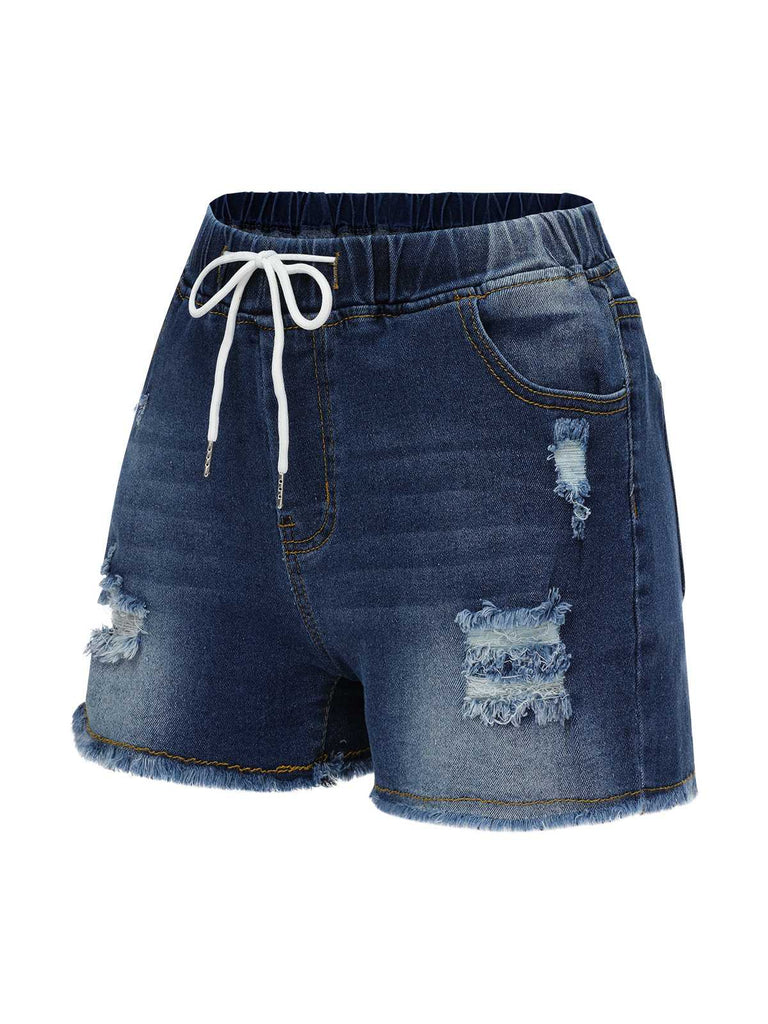 Blue 1930s Ripped Denim Shorts
