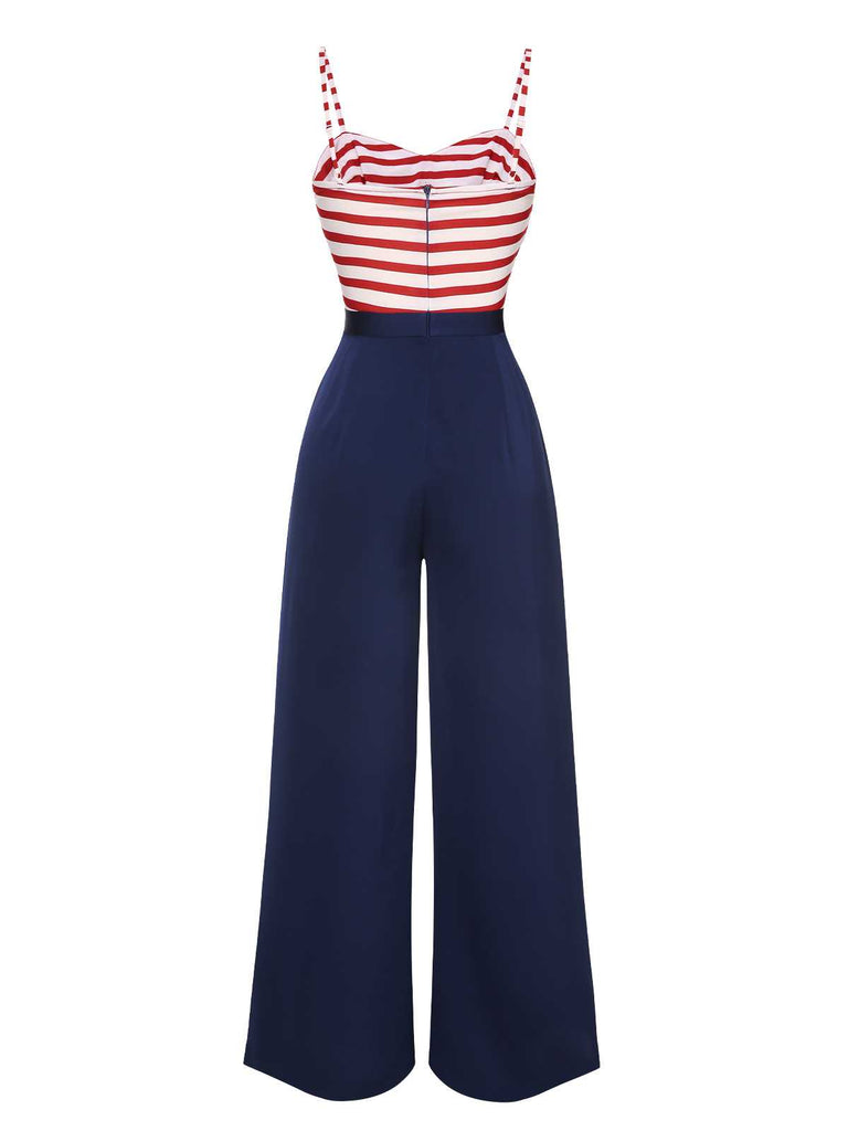 Dark Blue 1930s Spaghetti Strap Stripes Jumpsuit