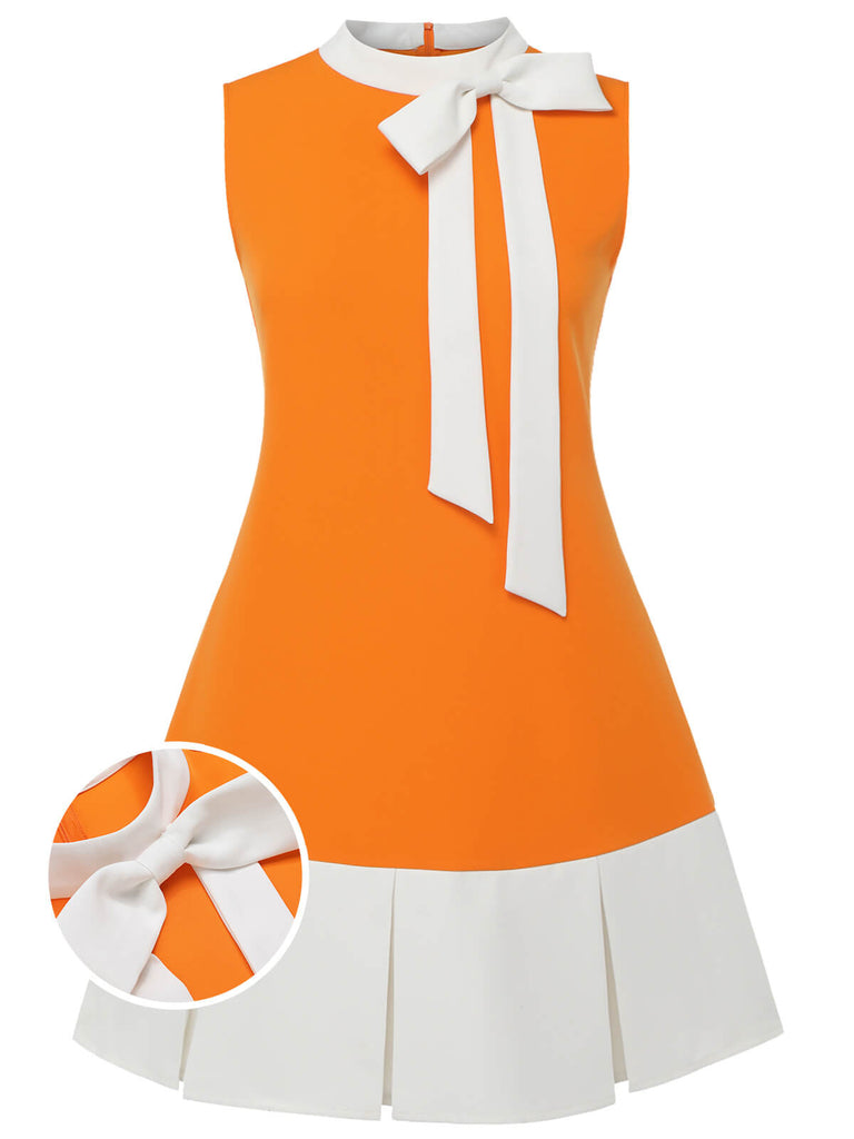 [Pre-Sale] [Plus Size] Orange 1960s Bow Patchwork Sleeveless Dress