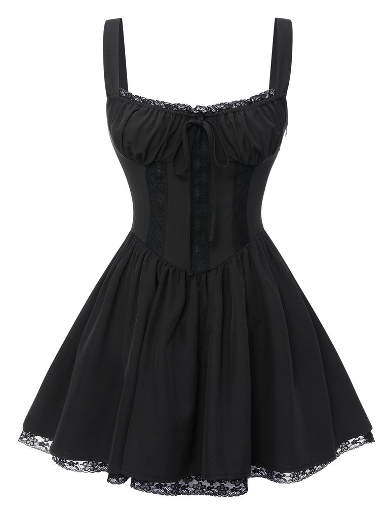 Black Solid Sleeveless Lace Mini Dress
