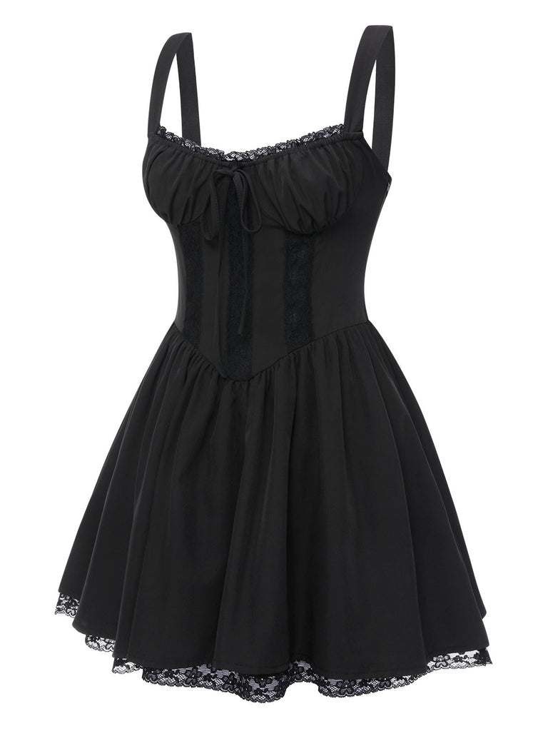 Black Solid Sleeveless Lace Mini Dress