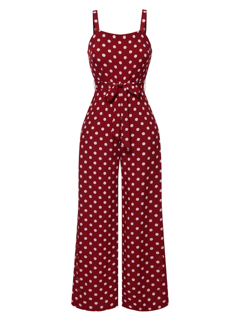 Deep Red 1940s Polka Dot Straps Jumpsuit