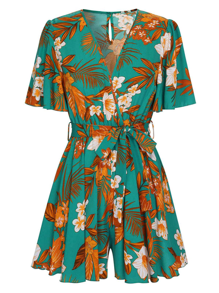 Green 1970s V-Neck Ruffle Sleeves Romper