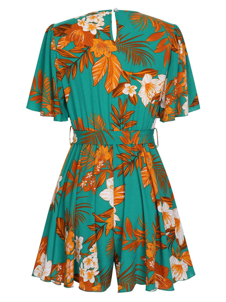 Green 1970s V-Neck Ruffle Sleeves Romper