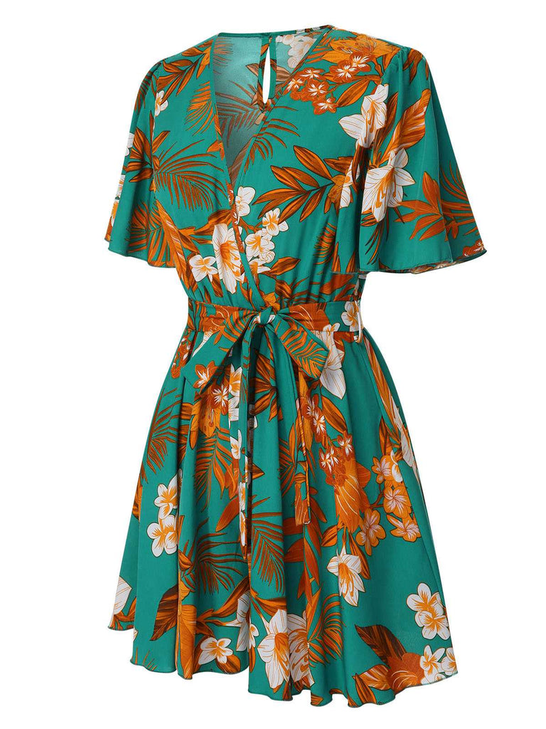 Green 1970s V-Neck Ruffle Sleeves Romper