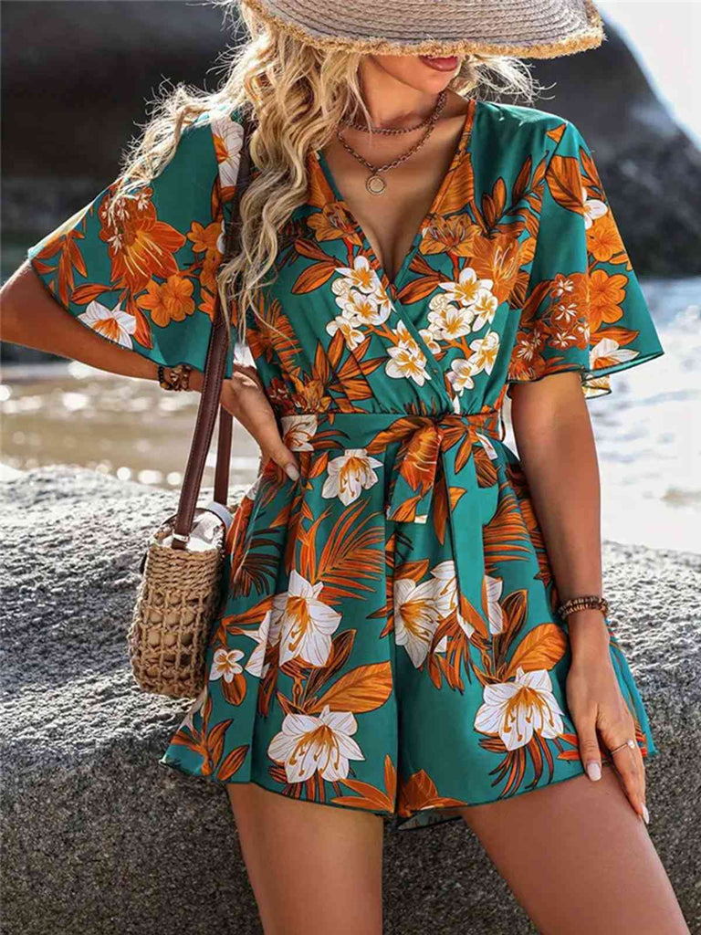 Green 1970s V-Neck Ruffle Sleeves Romper