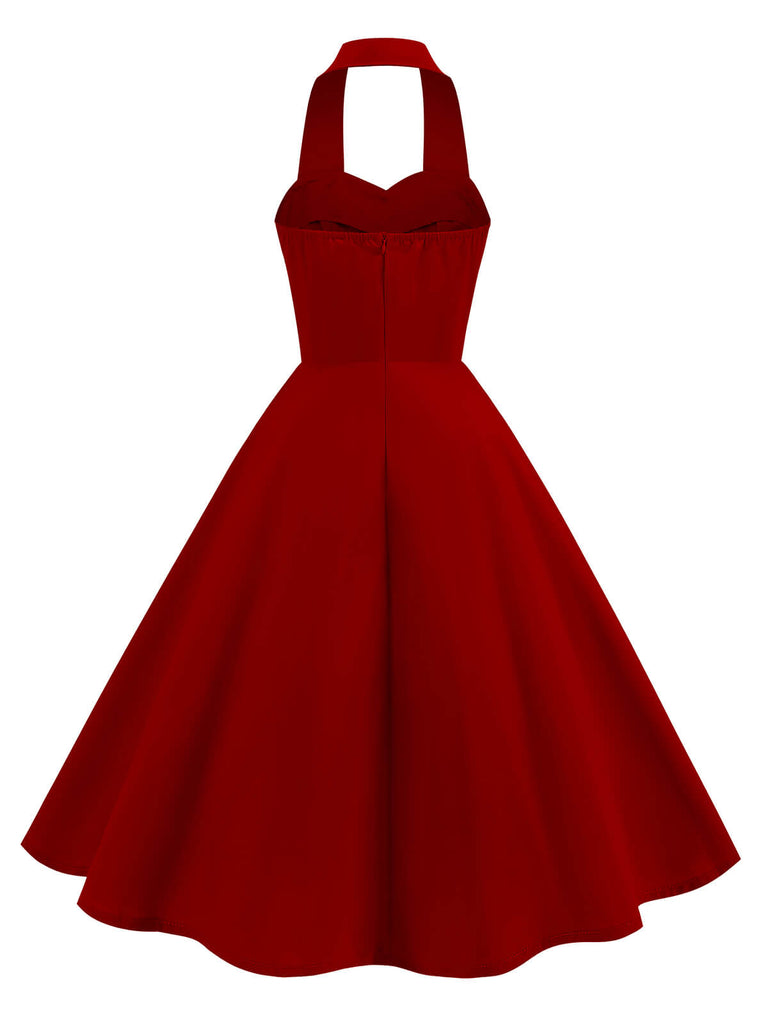 1950s Solid Sweetheart Neck Halter Dress