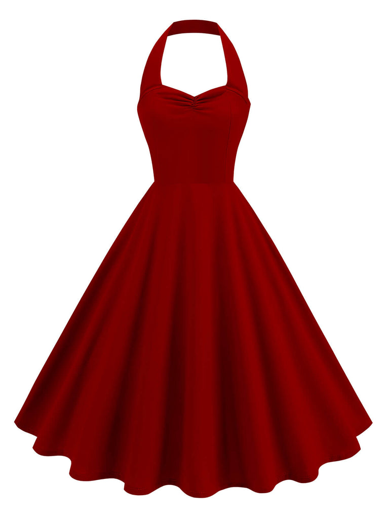 1950s Solid Sweetheart Neck Halter Dress