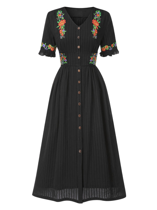 Pure Cotton Black 1940s V-Neck Floral Dress